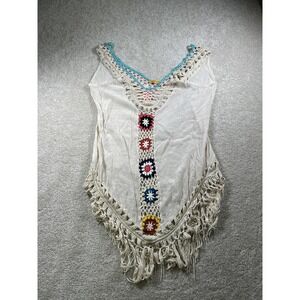 NEGS Boho‎ Crochet Tunic Womens Large Ivory Fringe Festival Knit Top Hippie Tank